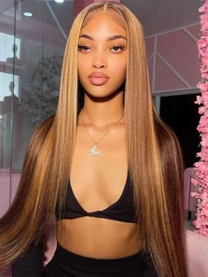 CurllyMe Highlights Ombre 7x5 Swiss Lace Wear Go Straight Glueless Wigs Pre Cut Lace Wig