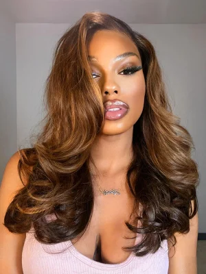 Wear Go Highlight Brown Color Face-Framing Layered Cut Body Wave Wig Pre-Cut Lace Glueless Wigs