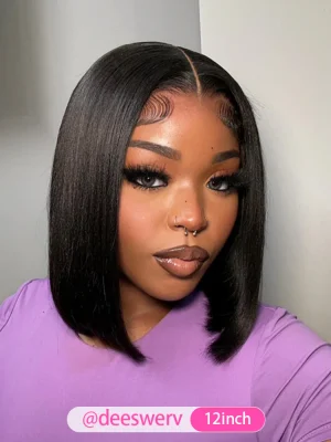 Pre-bleached Yaki Straight Glueless Bob Wig Pre-cut HD Lace Wear Go Pre-plucked Wig