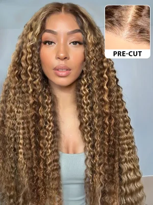 Pre-cut 7x5 Swiss Lace Water Wave Wear Go Highlights Ombre Hair Glueless Wig