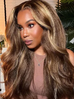 CurllyMe 4/27 Highlight Kinky Straight Wear Go Glueless Wig Pre-plucked with Natural Hairline