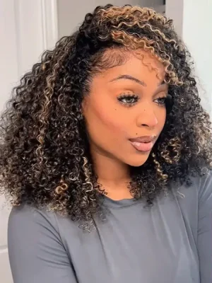 3 IN 1 Highlight Brown Kinky Curly Half Wig Draw-strings Flip Over Wig