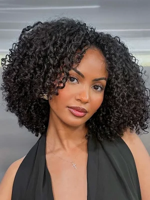 3 In 1 Half Wig Layered Curly Bob Pre-Styled Kinky Curly Half Wig Draw-strings Flip Over Wig