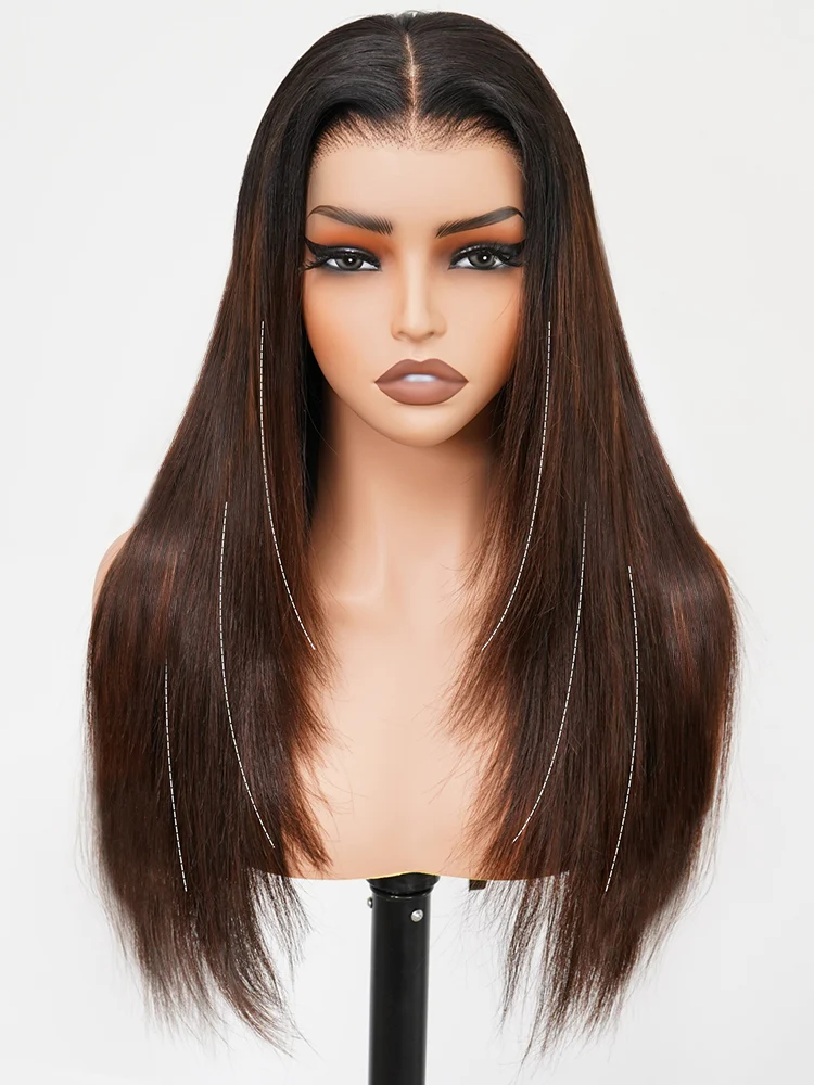CurllyMe Layered Cut Black to Chestnut Brown Ombre Straight Hair 7x5 Pre-Cut Swiss Lace Wear Go Glueless Wigs - Image 3