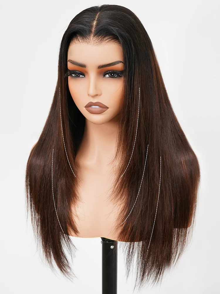 CurllyMe Layered Cut Black to Chestnut Brown Ombre Straight Hair 7x5 Pre-Cut Swiss Lace Wear Go Glueless Wigs - Image 4