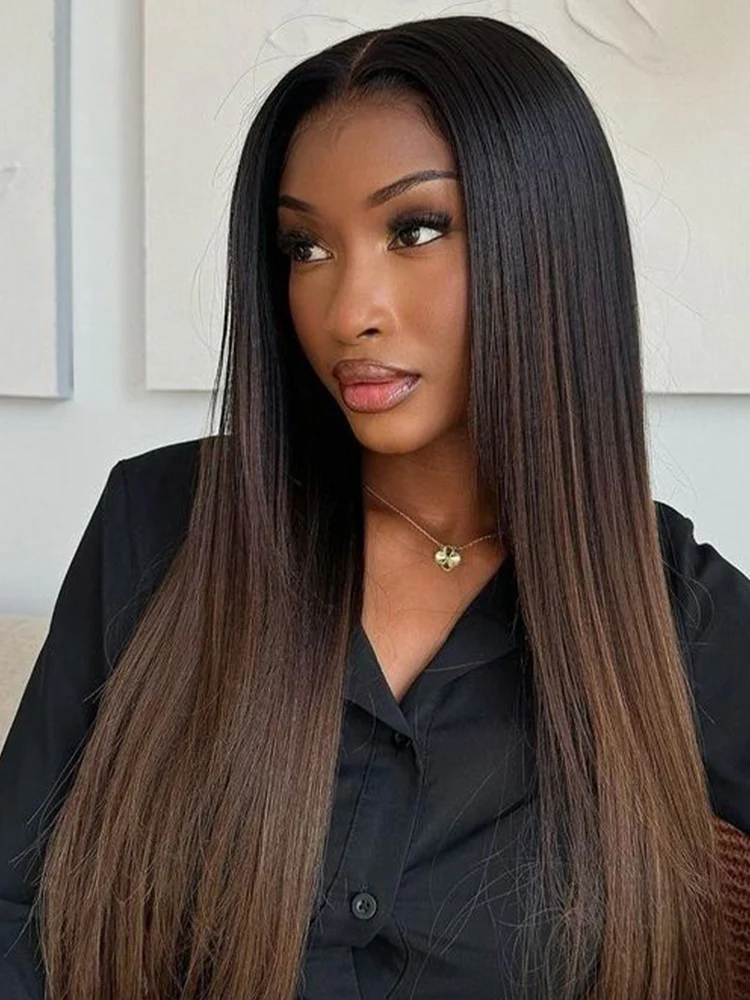 CurllyMe Layered Cut Black to Chestnut Brown Ombre Straight Hair 7x5 Pre-Cut Swiss Lace Wear Go Glueless Wigs - Image 2
