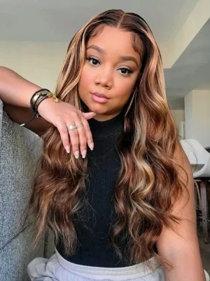 Highlights Ombre Human Hair Wigs Body Wave Transparent Lace Wigs Pre Plucked