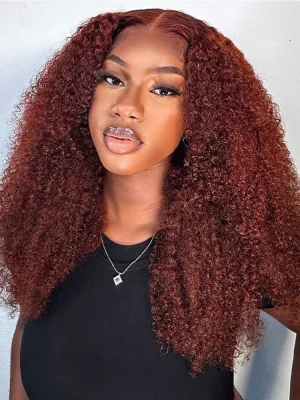Reddish Brown Color Kinky Curly Lace Front Wigs Human Hair Pre Plucked