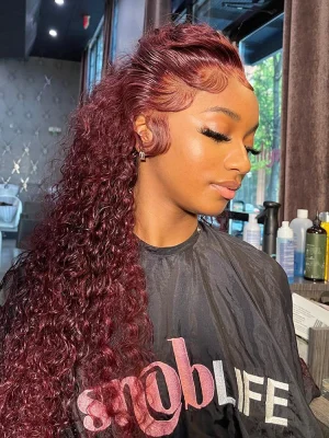 99J Burgundy Color Water Wave Hair 13x4 Lace Front Wigs With Baby Hair