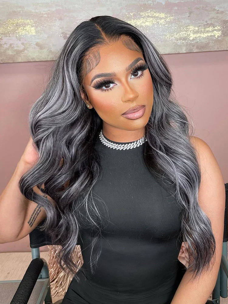 Platinum Gray and Black Straight Ombre Highlights Hair 13x4 Lace Front Wigs