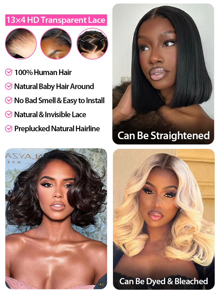Short Cut Body Wave Hair 13x4 Lace Front Bob Wigs Pre Plucked For Women - Image 9